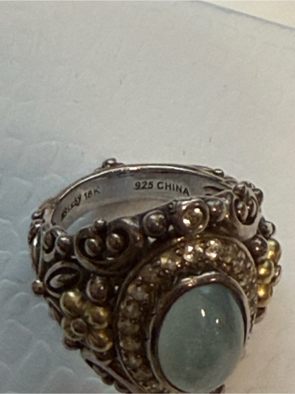 Barbara Bixby sterling and 18k yellow gold sky blue and white topaz ring.